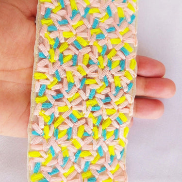 Beige Sheer Tissue Fabric Trim With Cotton Thread Embroidery In Pink, Yellow And Blue, Fabric Lace